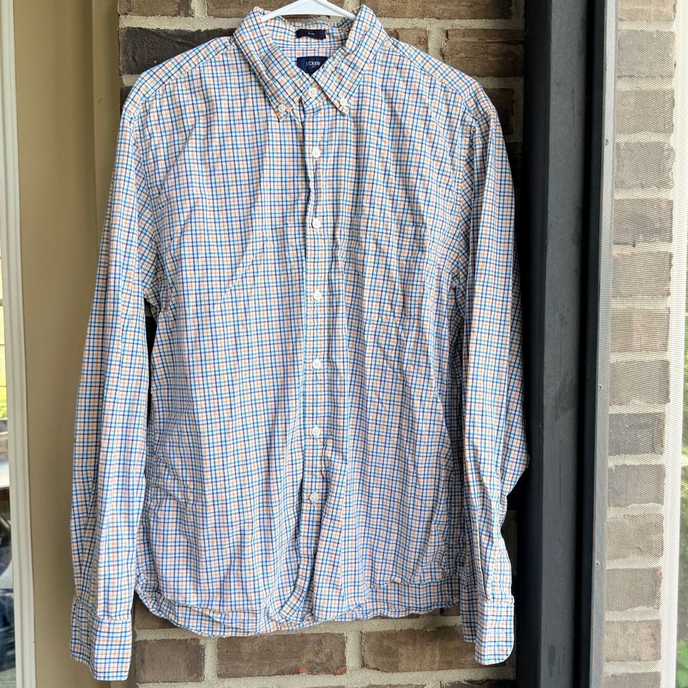 J.Crew Button Down Shirt Slim Fit Plaid Check Mens Large Blue Orange
